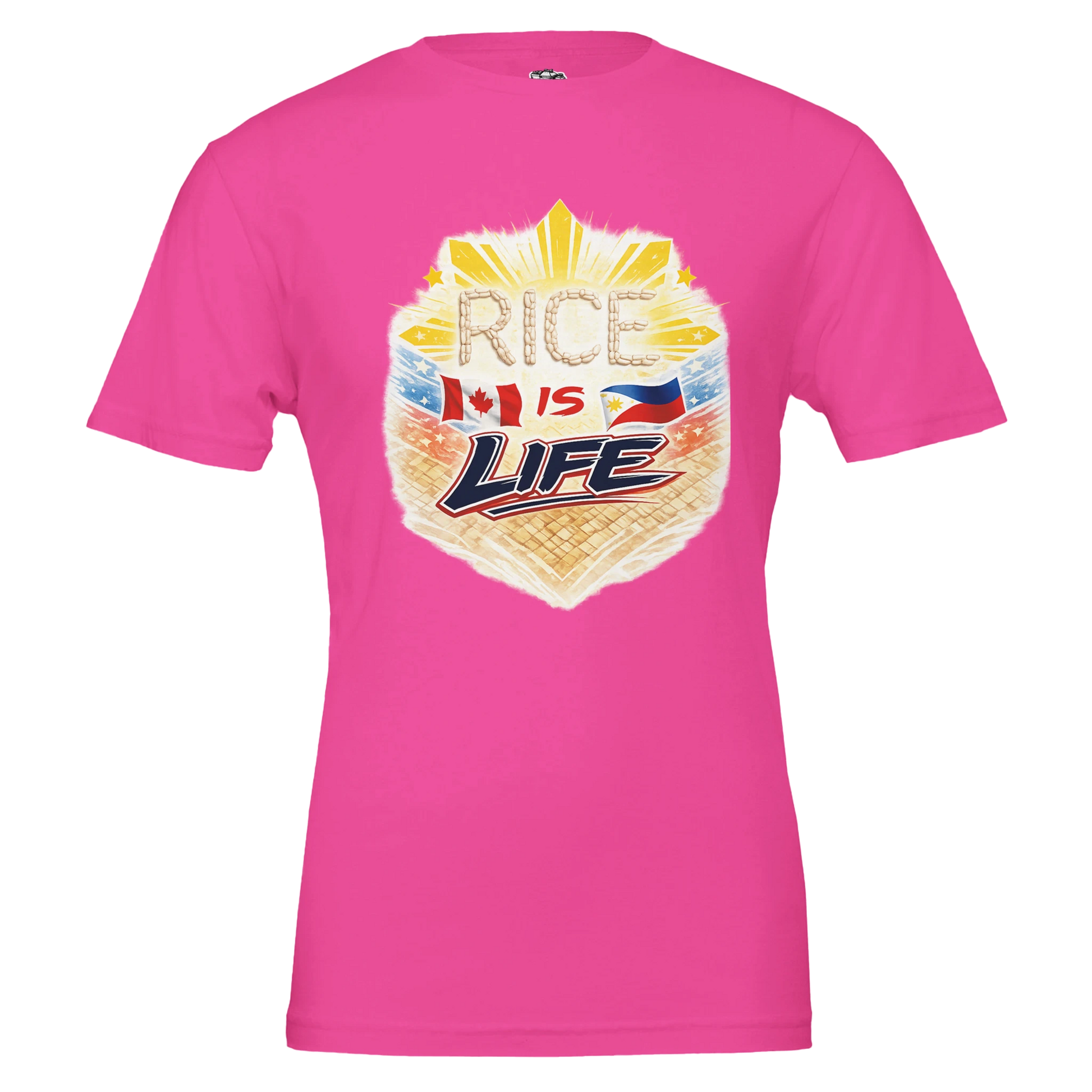 Pink t-shirt with 'Rice is Life' graphic design on a white background