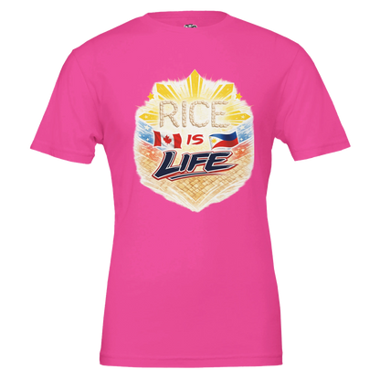 Pink t-shirt with 'Rice is Life' graphic design on a white background