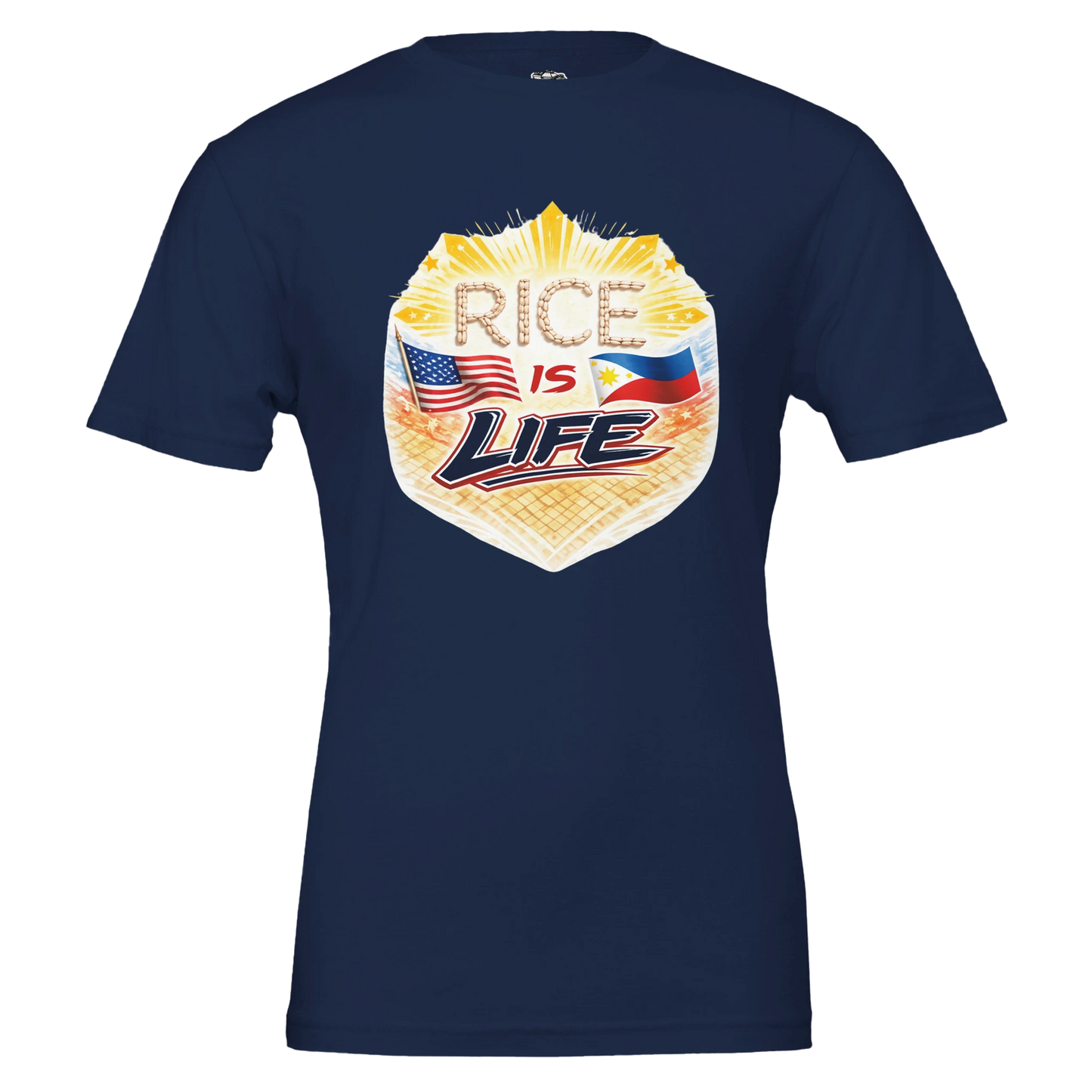 Navy blue t-shirt with 'Rice is Life' graphic design featuring American and Philippine flags on a white background.