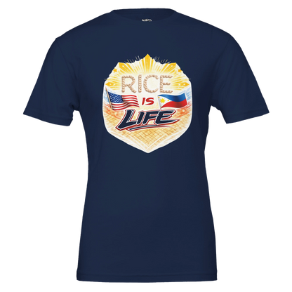 Navy blue t-shirt with 'Rice is Life' graphic design featuring American and Philippine flags on a white background.