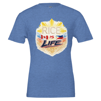 Blue t-shirt with 'Rice is Life' graphic design on a white background